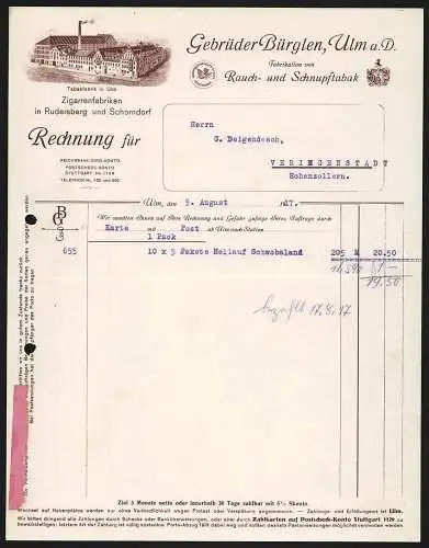 Rechnung Ulm a. D. 1917, Gebrüder Bürglen, Rauch- und Schnupftabak-Fabrik, Die Hauptfabrik aus der Vogelschau