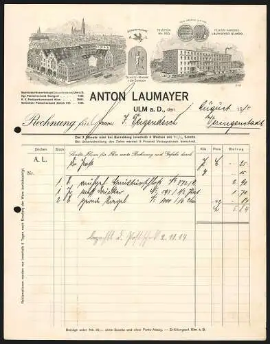 Rechnung Ulm a. D. 1914, Firma Anton Laumayer, Ansicht der Betriebsstellen, Schutzmarken und Preis-Medaille