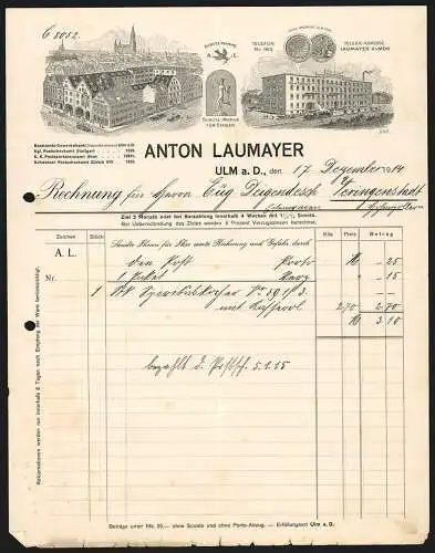 Rechnung Ulm a. D. 1914, Firma Anton Laumayer, Ansicht der Geschäftsstellen, Schutzmarken und Preis-Medaille