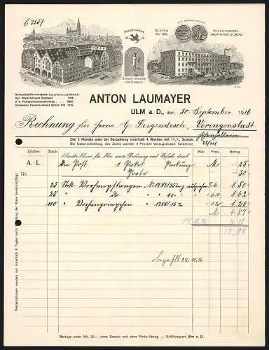 Rechnung Ulm a. D. 1916, Firma Anton Laumayer, Ansicht der Geschäftsstellen, Schutzmarken und Preis-Medaille