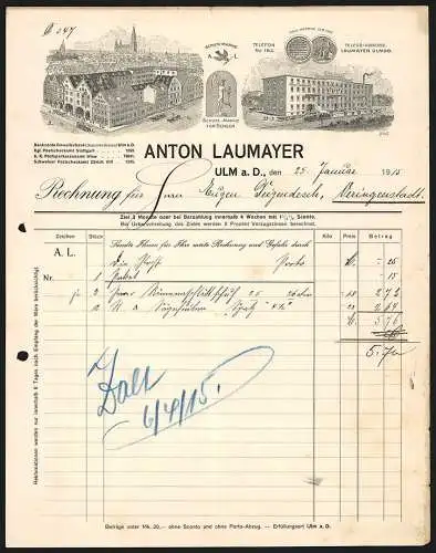 Rechnung Ulm a. D. 1915, Firma Anton Laumayer, Ansicht der Betriebsstellen, Schutzmarken und Preis-Medaille