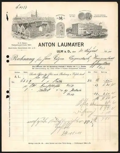 Rechnung Ulm a. D. 1911, Firma Anton Laumayer, Ansicht der Betriebsstellen, Schutzmarken und Preis-Medaille