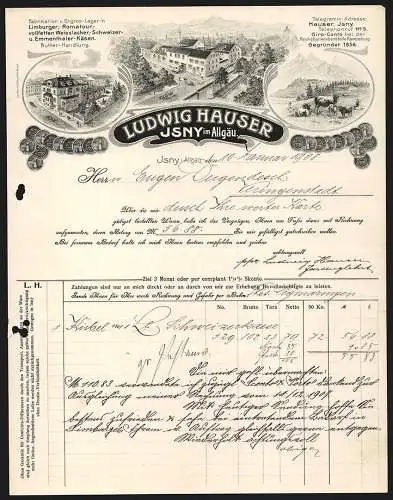 Rechnung Isny im Allgäu 1908, Ludwig Hauser, Käsefabrik und Butter-Handlung, Betriebsstelle, Stammhaus und Kuhweide