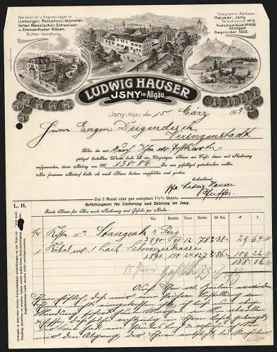 Rechnung Isny im Allgäu 1913, Ludwig Hauser, Käsefabrik und Butter-Handlung, Betriebsstelle, Stammhaus und Kuhweide