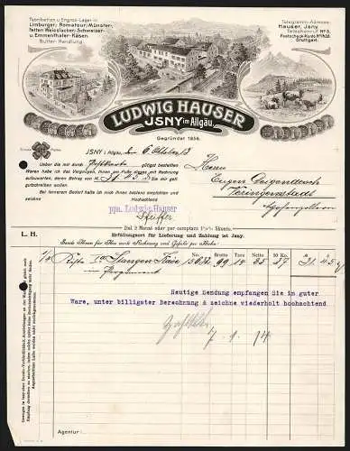 Rechnung Isny im Allgäu 1913, Ludwig Hauser, Käsefabrik und Butter-Handlung, Geschäftsstelle, Stammhaus und Kuhweide