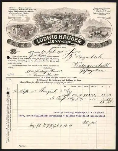 Rechnung Isny im Allgäu 1914, Ludwig Hauser, Käse-Fabrik & Butter-Handlung, Werkansicht, Geschäftsstelle, Kuhweide