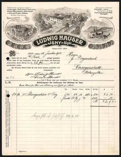 Rechnung Isny im Allgäu 1915, Ludwig Hauser, Käse-Fabrik & Butter-Handlung, Fabrikansicht, Geschäftsstelle, Kuhweide