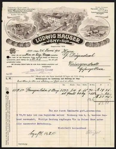 Rechnung Isny im Allgäu 1915, Ludwig Hauser, Käse-Fabrik & Butter-Handlung, Betriebsansicht, Geschäftsstelle, Kuhweide