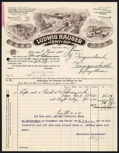 Rechnung Isny im Allgäu 1915, Ludwig Hauser, Käse-Fabrik & Butter-Handlung, Werkansicht, Stammhaus, Kuhweide