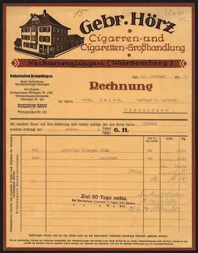 Rechnung Neckartenzlingen /Württemberg 1937, Gebr. Hörz, Cigarren- und Cigaretten-Grosshandlung, Das Geschäftshaus