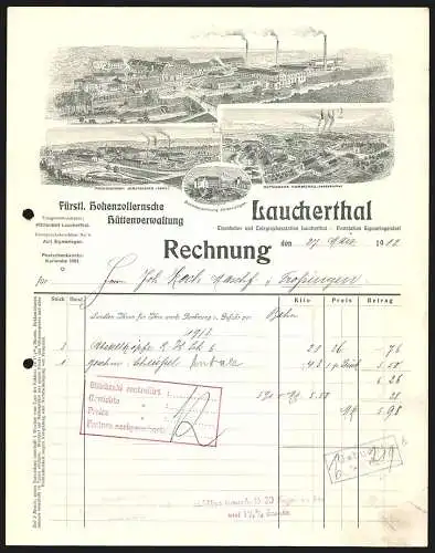 Rechnung Laucherthal 1912, Fürstl. Hohenzollernsche Hüttenverwaltung, Hauptbetrieb, Zweigstellen und Beamtenwohnung