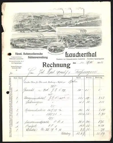 Rechnung Laucherthal 1912, Fürstl. Hohenzollernsche Hüttenverwaltung, Hauptwerk, Filialen und Beamtenwohnung