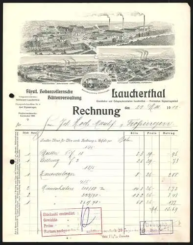 Rechnung Laucherthal 1912, Fürstl. Hohenzollernsche Hüttenverwaltung, Hauptfabrik, Filialen und Beamtenwohnung