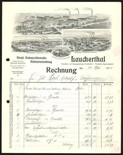 Rechnung Laucherthal 1912, Fürstl. Hohenzollernsche Hüttenverwaltung, Hauptbetrieb, Filialen und Beamtenwohnung