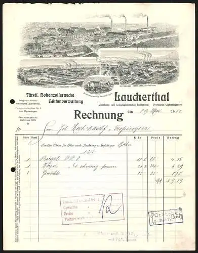 Rechnung Laucherthal 1912, Fürstl. Hohenzollernsche Hüttenverwaltung, Hauptfabrik, Niederlagen und Beamtenwohnung