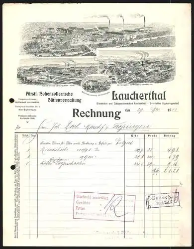 Rechnung Laucherthal 1912, Fürstl. Hohenzollernsche Hüttenverwaltung, Hauptbetrieb, Niederlagen und Beamtenwohnung
