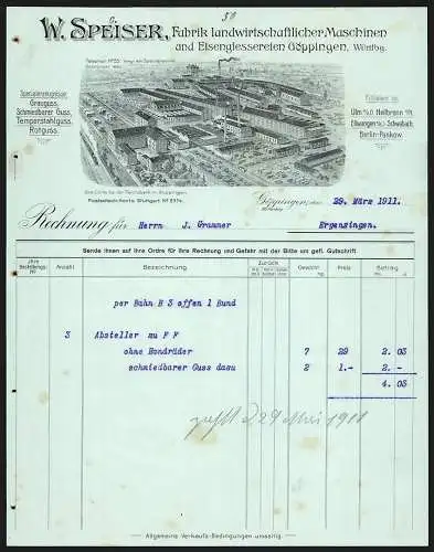 Rechnung Göppingen 1911, W. Speiser, Fabrik landwirtschaftl. Maschinen & Eisengiesserei, Gesamtansicht des Werks