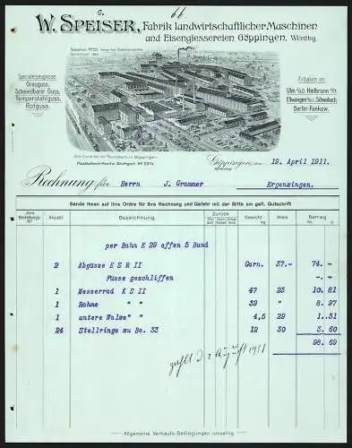 Rechnung Göppingen 1911, W. Speiser, Fabrik landwirtschaftl. Maschinen & Eisengiesserei, Fabrik-Gesamtansicht