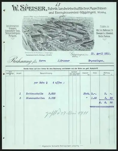 Rechnung Göppingen 1911, W. Speiser, Fabrik landwirtschaftl. Maschinen & Eisengiesserei, Betriebs-Gesamtansicht