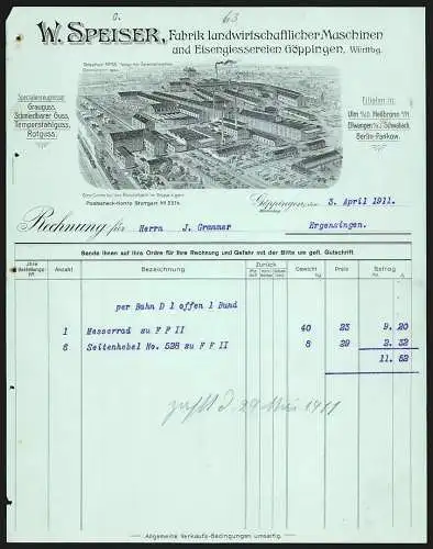 Rechnung Göppingen 1911, W. Speiser, Fabrik landwirtschaftl. Maschinen & Eisengiesserei, Werk-Gesamtansicht