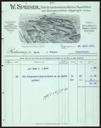 Rechnung Göppingen 1911, W. Speiser, Fabrik landwirtschaftl. Maschinen & Eisengiesserei, Die Fabrik aus der Vogelschau