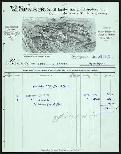 Rechnung Göppingen 1911, W. Speiser, Fabrik landwirtschaftl. Maschinen & Eisengiesserei, Blick auf die Fabrik