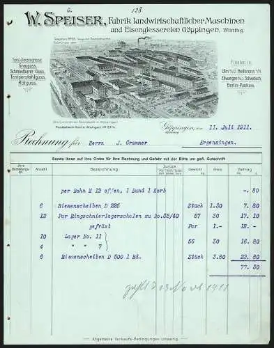 Rechnung Göppingen 1911, W. Speiser, Fabrik landwirtschaftl. Maschinen & Eisengiesserei, Totalansicht der Betriebsanlage