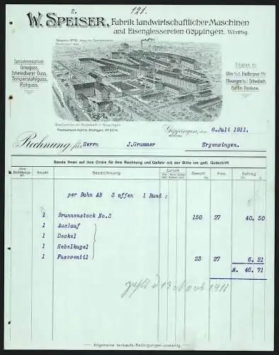 Rechnung Göppingen 1911, W. Speiser, Fabrik landwirtschaftl. Maschinen & Eisengiesserei, Totalansicht der Fabrikanlage