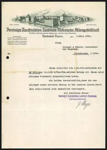 Rechnung Landshut /Bayern 1934, Vereinigte Kunstmühlen Landshut-Rosenheim AG, Fusionierte Ansicht beider Betriebe