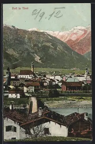 AK Hall /Tirol, Ortsansicht gegen die Berge