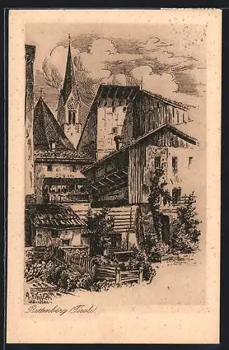 Künstler-AK Rattenberg, Ortsansicht mit Kirchturm