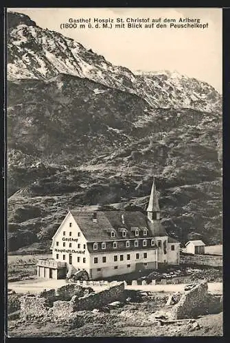 AK St. Christof auf dem Arlberg, Gasthof und Hospiz mit Blick auf den Peuschelkopf
