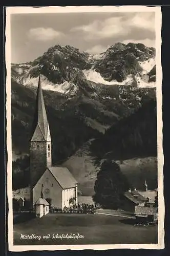 AK Mittelberg, Ortsansicht mit Kirche und Schafalpe