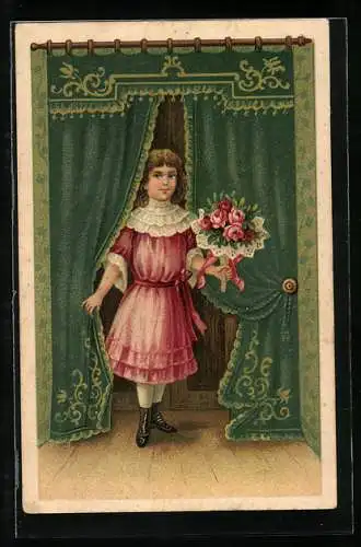 Lithographie Mädchen mit Rosenstrauss in der Mitte eines Vorhangs