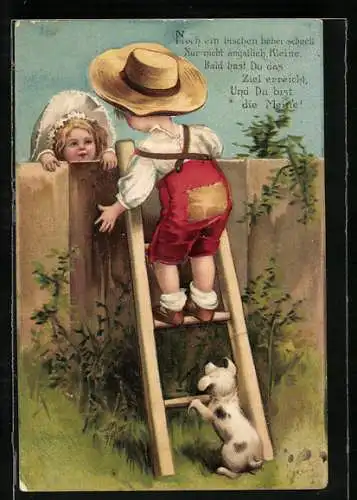 Präge-Lithographie Kleiner Kavalier mit Hündchen bei einer Eroberung am Gartenzaun