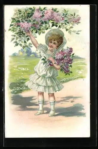 Präge-Lithographie Kleines Mädchen beim Pflücken von Flieder