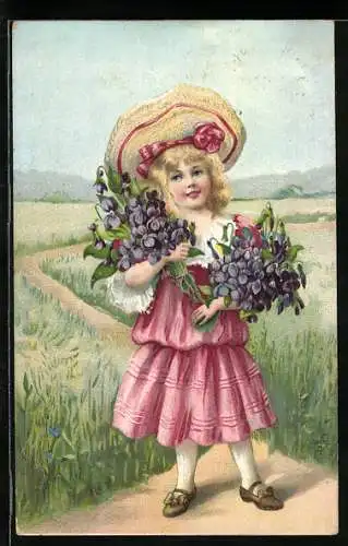 AK Mädchen mit Strohhut und grossem Blumenstrauss