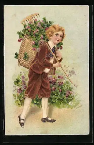 AK Gärtner mit Harke und Blumenkorb