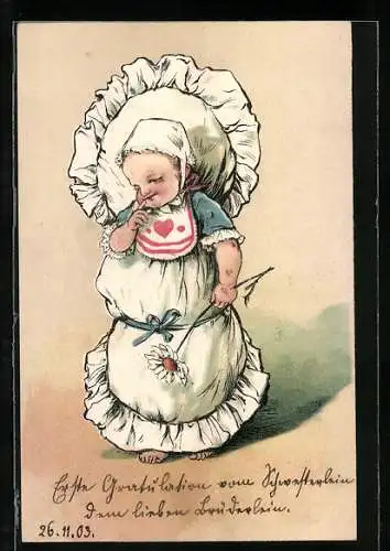 Präge-Lithographie Kleinkind im Wickelpack mit Lätzchen und Margerite