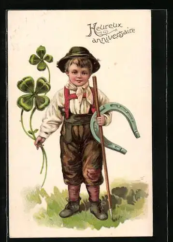AK Junge in Tracht bringt Hufeisen und Kleeblatt, Bonne Année! Neujahr
