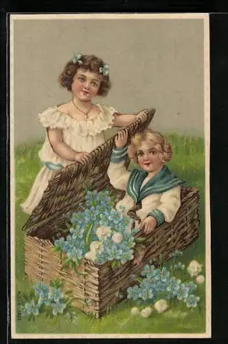 AK Junges Geschwisterpaar mit Korb voller Frühblüher