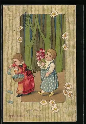 Präge-Lithographie Zwei kleine Mädchen mit Blumenkorb und -strauss in einem Wald
