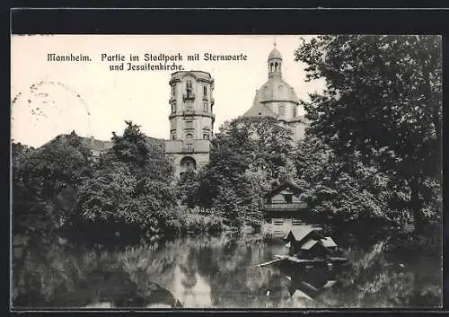 AK Mannheim, Partie im Stadtpark mit Sternwarte und Jesuitenkirche