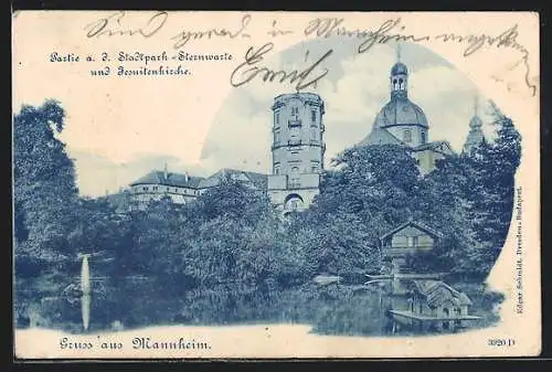 AK Mannheim, Partie a. d. Stadtpark mit Sternwarte und Jesuitenkirche