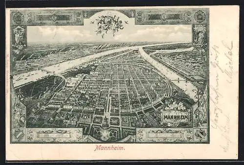 AK Mannheim, Historische Ansicht aus der Vogelschau
