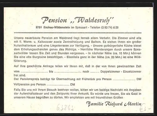 AK Eschau-Wildenstein /Spessart, Pension Waldesruh