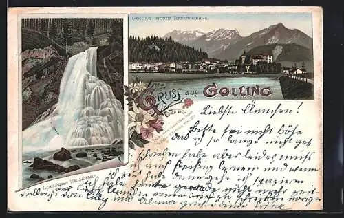Vorläufer-Lithographie Golling, 1895, Ortsansicht gegen Tennengebirge, Gollinger Wasserfall