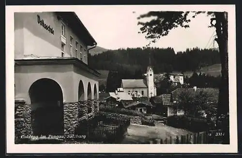 AK Goldegg im Pongau, Ortspartie mit Volksschule und Kirche