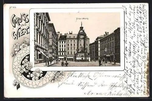 Lithographie Wien, Hoher Markt mit Geschäften