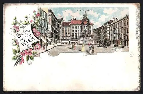 Lithographie Wien, Hoher Markt mit Geschäften und Passanten